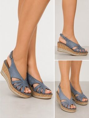 Remonte‎ Blue Metallic Leather Wedge Sandals EU 39 US 8 Slingback Cork Platform